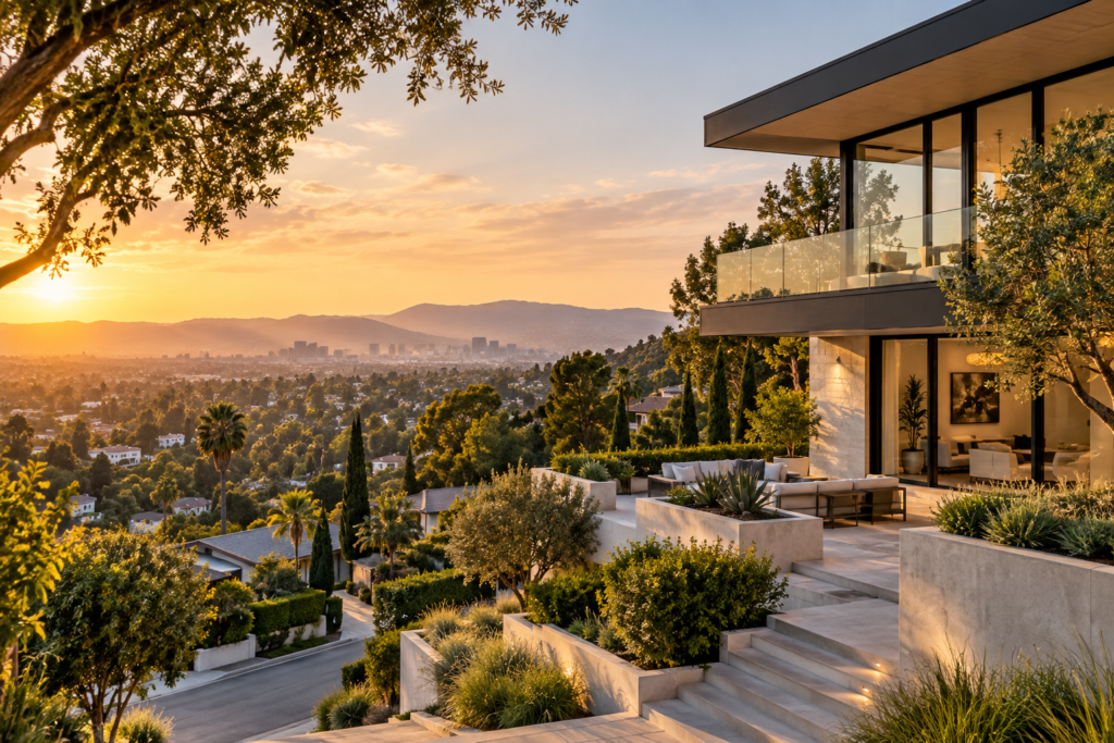 Luxury hillside home overlooking Los Angeles at sunset, representing the Studio City real estate market
